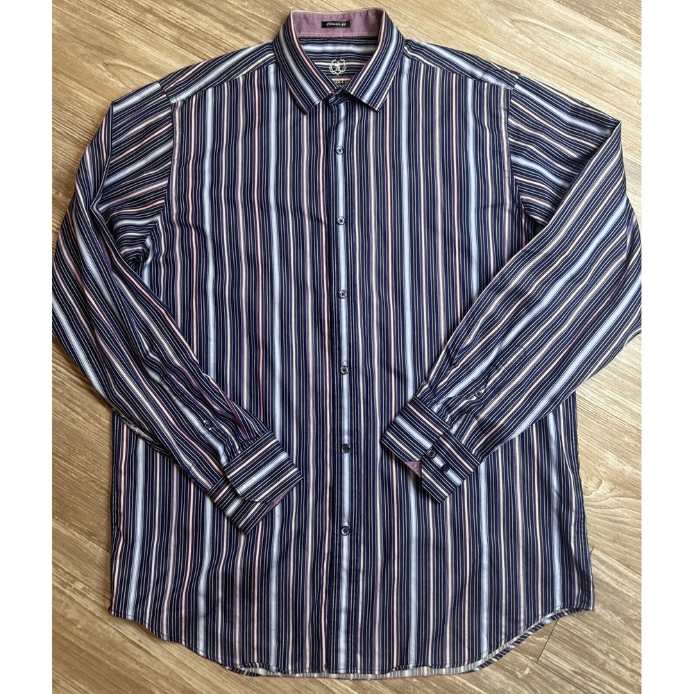 Bugatchi Uomo Shirt Size L Purple Striped Classic Fit